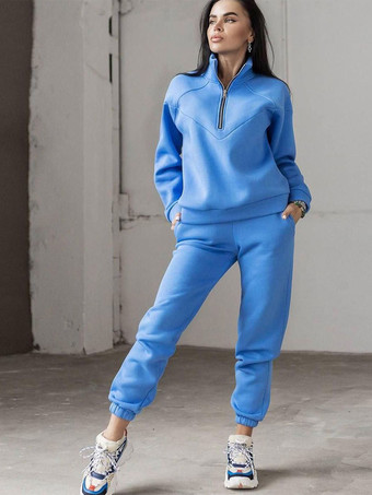 ブルー パンツセット ブルー カジュアル ストリートウェア ジッパー ポリエステル 2ピース