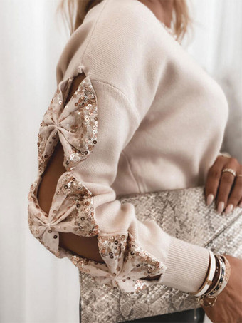 女性プルオーバー セーター アプリコット スパンコール ジュエル ネック長袖ポリエステル セーター