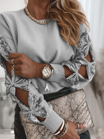 女性プルオーバー セーター アプリコット スパンコール ジュエル ネック長袖ポリエステル セーター