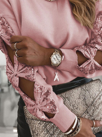 ピンク女性プルオーバー セーター アプリコット スパンコール ジュエル ネック長袖ポリエステル セーター