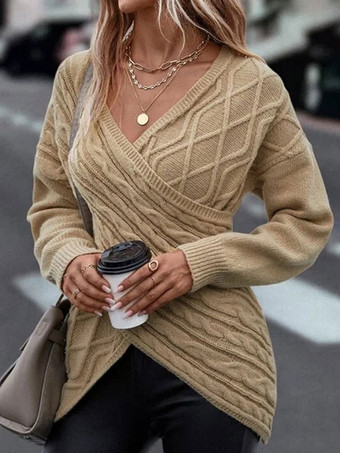 女性プルオーバー セーター カーキ V ネック長袖セーター