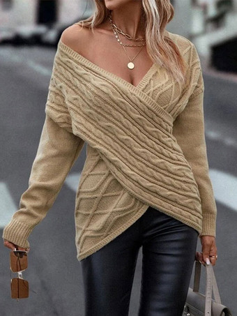 女性プルオーバー セーター カーキ V ネック長袖セーター