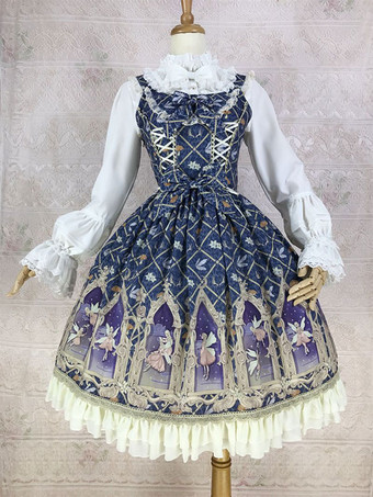 ダークネイビークラシカルロリータドレス ポリエステル ノースリーブ クラシック シアン リボン フリル デイリーカジュアル ティーパーティー トラディショナルロリータドレス