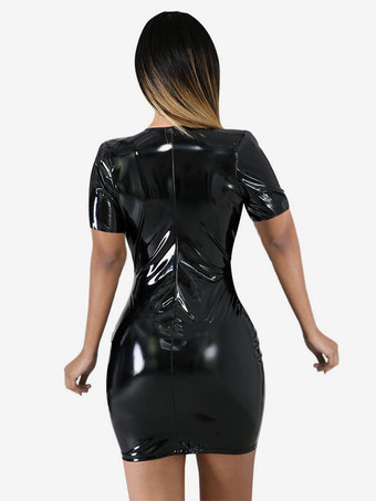 女性のためのクラブ ドレス V ネック セクシーなジッパー半袖 PU レザー赤のセクシーなドレス