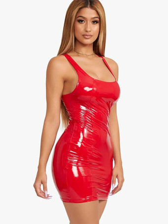 Robe Club Pour Femmes Sexy Sans Manches En Cuir PU Robe Sexy Kaki