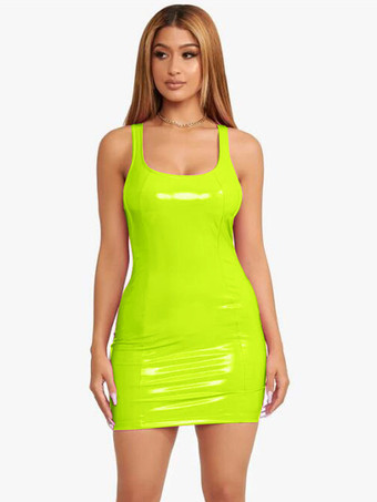 Vert jauneRobe Club Pour Femmes Sexy Sans Manches En Cuir PU Robe Sexy Kaki