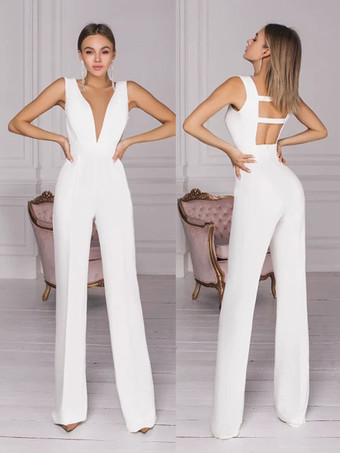 ブライダル ジャンプスーツ ポリエステル マキシレングス Aライン Vネック ノースリーブ ウェディング ジャンプスーツ 自由なカスタマイズ