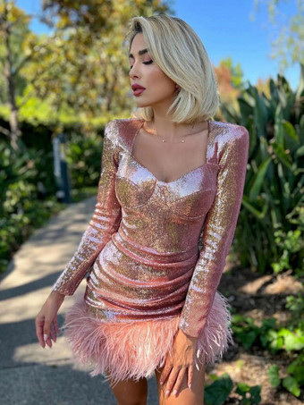 セクシーなフェザーミニドレス恋人ネック長袖誕生日パーティーペンシルドレス