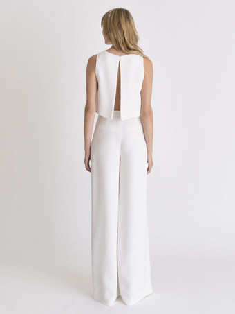 アイボリーブライダルツーピースセットフロアレングスAラインジュエルネックノースリーブウェディングツーピースセット無料カスタマイズ