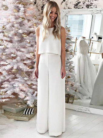 Ivory Bridal Two Piece Sets Floor-Length A-Line Jewel Neck Sleeveless Wedding Two Piece Sets Free Customization