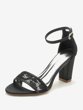 ブラック 女性用ブライダルシューズ サテン シャンパン オープントゥ チャンキーヒール ブライダルシューズ