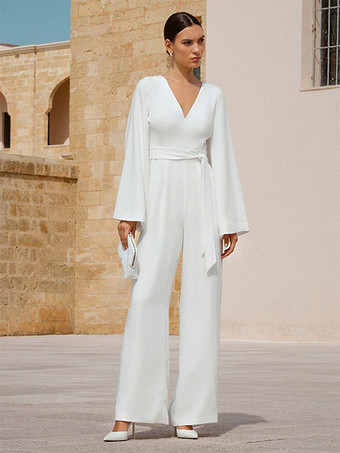 Ivory Bridal Jumpsuit Sash Ankle-Length A-Line V-Neck Long Sleeves Wedding Jumpsuit Free Customization
