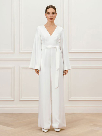 アイボリーブライダルジャンプスーツ サッシュ アンクル丈 Aライン Vネック 長袖 ウェディングジャンプスーツ 無料カスタマイズ