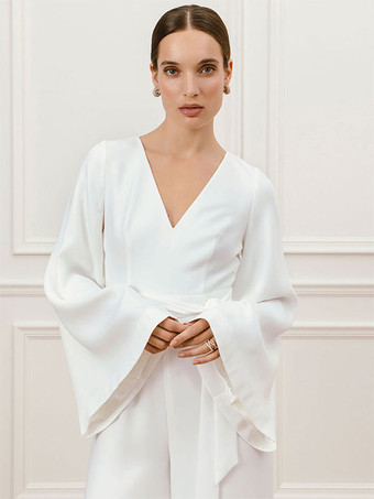 アイボリーブライダルジャンプスーツ サッシュ アンクル丈 Aライン Vネック 長袖 ウェディングジャンプスーツ 無料カスタマイズ