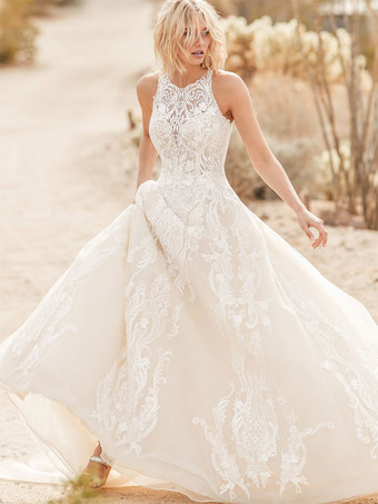 Boho Wedding Dress Lace A-Line With Train Ivory Wedding Dress Functional Buttons Sleeveless Jewel Neck Bridal Dresses