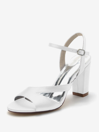 ホワイト 女性のブライダル シューズ サテン ディープ ブルー ピープトウ チャンキー ヒール ブライダル シューズ