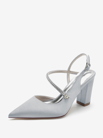 シルバー 女性用ウェディングシューズ サテン ディープブルー ポインテッドトゥ ラインストーン チャンキーヒール ブライダルシューズ