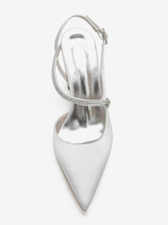 女性用ウェディングシューズ サテン ディープブルー ポインテッドトゥ ラインストーン チャンキーヒール ブライダルシューズ