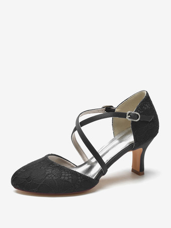 ブラック 女性用ブライダルシューズ レース ディープブルー ラウンドトゥ ラインストーン チャンキーヒール ブライダルシューズ