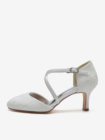 女性用ブライダルシューズ レース ディープブルー ラウンドトゥ ラインストーン チャンキーヒール ブライダルシューズ