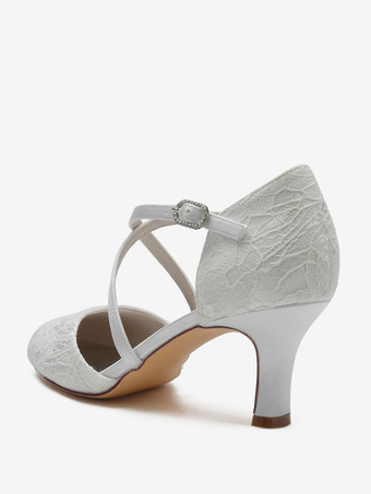 女性用ブライダルシューズ レース ディープブルー ラウンドトゥ ラインストーン チャンキーヒール ブライダルシューズ