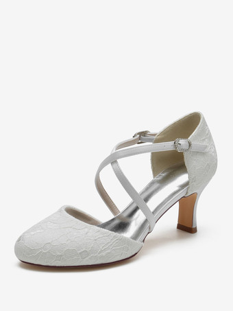 ホワイト 女性用ブライダルシューズ レース ディープブルー ラウンドトゥ ラインストーン チャンキーヒール ブライダルシューズ