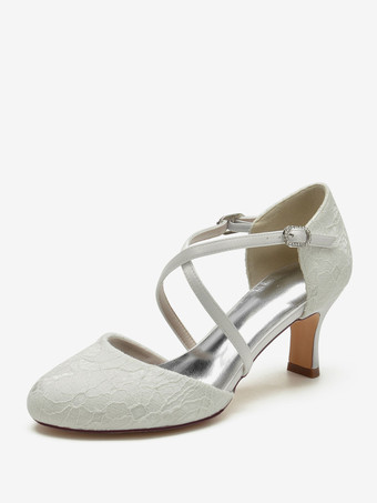 アイボリー 女性用ブライダルシューズ レース ディープブルー ラウンドトゥ ラインストーン チャンキーヒール ブライダルシューズ