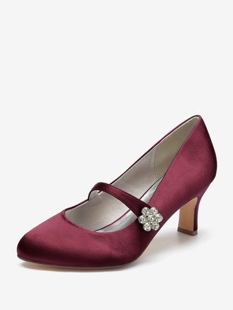 ワインレッド 女性用ウェディングシューズ サテン ホワイト ラウンドトゥ ラインストーン チャンキーヒール ヴィンテージ ブライダルシューズ