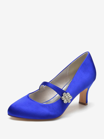 ロイヤルブルー女性用ウェディングシューズ サテン ホワイト ラウンドトゥ ラインストーン チャンキーヒール ヴィンテージ ブライダルシューズ