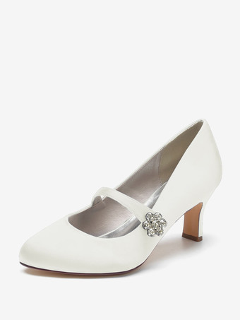 アイボリー 女性用ウェディングシューズ サテン ホワイト ラウンドトゥ ラインストーン チャンキーヒール ヴィンテージ ブライダルシューズ
