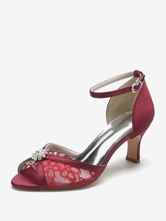 ワインレッド レース ウェディングシューズ ピープトウ ラインストーン チャンキーヒール ブライダルシューズ