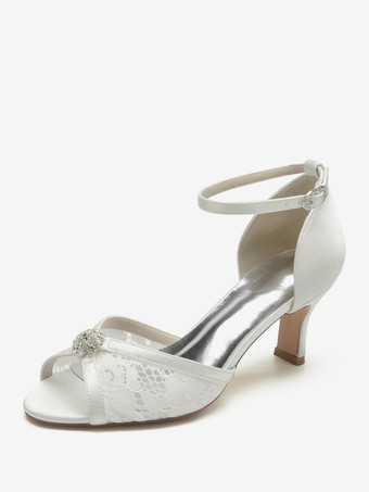 Zapatos de boda de encaje Peep Toe Rhinestones Zapatos de novia de tacón grueso