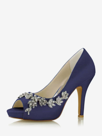 ディープブルー女性用ブライダルシューズ サテン ホワイト ピープトウ ラインストーン チャンキーヒール ブライダルシューズ