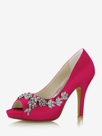 ローズレッド女性用ブライダルシューズ サテン ホワイト ピープトウ ラインストーン チャンキーヒール ブライダルシューズ