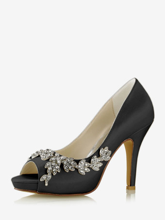 ブラック 女性用ブライダルシューズ サテン ホワイト ピープトウ ラインストーン チャンキーヒール ブライダルシューズ