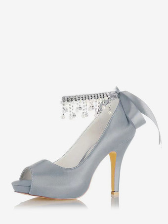 シルバー 女性用ウェディングシューズ サテン バーガンディ ピープトウ ラインストーン チャンキーヒール ブライダルシューズ