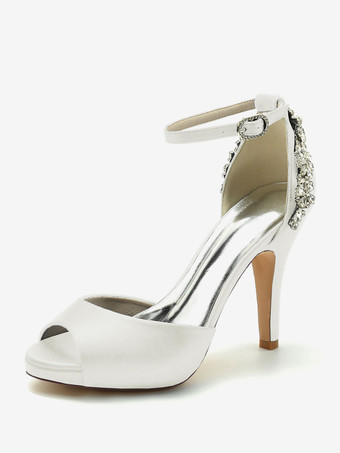 アイボリー 女性用ブライダルシューズ サテン ディープブルー ピープトウ ラインストーン チャンキーヒール ブライダルシューズ