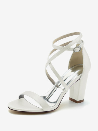 アイボリー 女性用ブライダルシューズ サテン シャンパン オープントゥ チャンキーヒール ブライダルシューズ