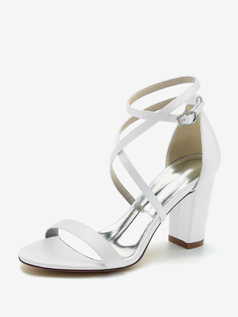 ホワイト 女性用ブライダルシューズ サテン シャンパン オープントゥ チャンキーヒール ブライダルシューズ