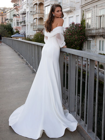 シンプルなウェディングドレスマーメイドVネックロングスリーブプリーツブライダルドレス