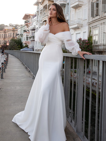 Простое свадебное платье Русалка V-образным вырезом с длинными рукавами Плиссированные свадебные платья