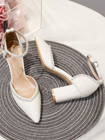 ホワイトウェディングシューズ ポインテッドトゥ パールブロックヒール ブライダルパンプス