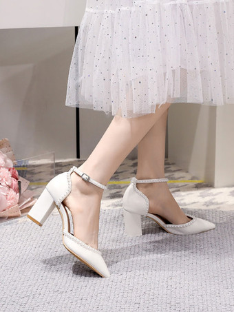 ホワイトウェディングシューズ ポインテッドトゥ パールブロックヒール ブライダルパンプス