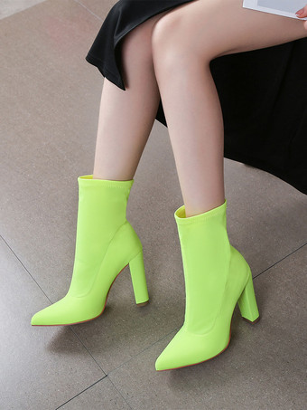 女性の弾性ファブリック ポインテッド トゥ チャンキー ヒール アンクル ブーツ