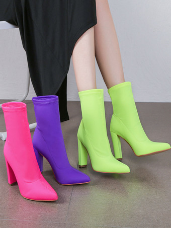 女性の弾性ファブリック ポインテッド トゥ チャンキー ヒール アンクル ブーツ