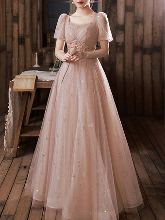 イブニングドレス Aライン 恋人ネック チュール マキシレングス プリーツ フォーマルディナードレス