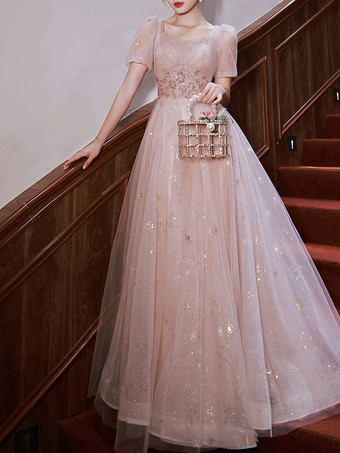 イブニングドレス Aライン 恋人ネック チュール マキシレングス プリーツ フォーマルディナードレス