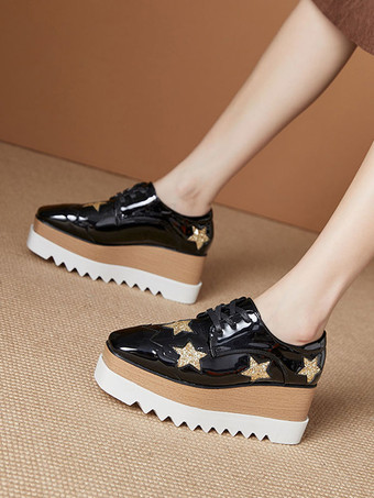 レディース スクエアトゥ プラットフォーム パテントレザー オックスフォード