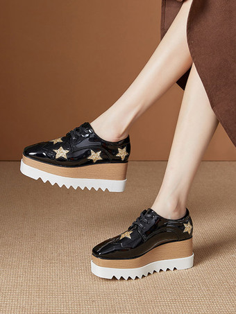 レディース スクエアトゥ プラットフォーム パテントレザー オックスフォード