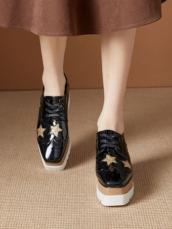 レディース スクエアトゥ プラットフォーム パテントレザー オックスフォード